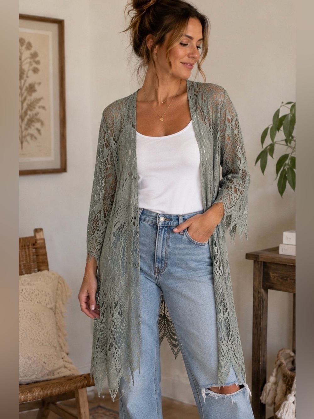 Dusty Sage Floral Lace Longline Kimono Cardigan Scalloped Hem Boho M